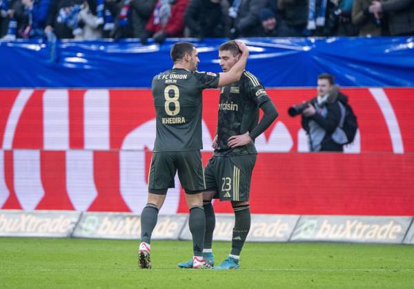 Soccer, Men, Season 2025 2026, 1 Bundesliga 22 Matchday , Hamburger SV 1 FC Union Berlin, v l Rani Khedira 1 FC Union Berlin consoles Andrej Ilic 1 FC Union Berlin after missing, 14 02 2026, Copyright: xMatthiasxKochx