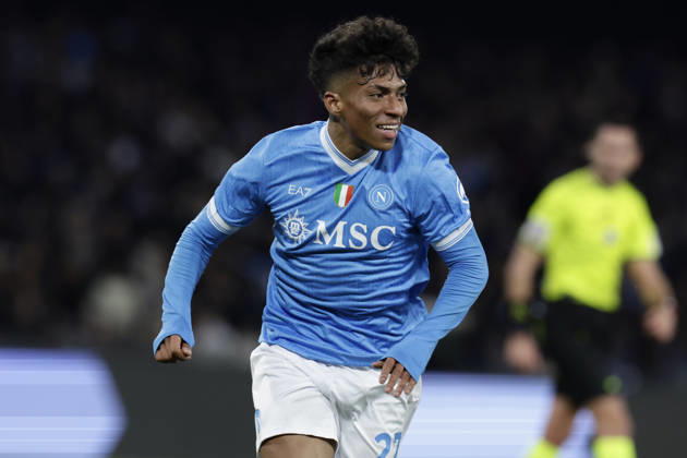 Italy: Serie a football match SSC Napoli vs AS Roma Napoli s Brazilian forward Alisson Santos celebrates after scoring a goal during the Serie A football match between SSC Napoli and AS Roma at the Diego Armando Maradona Stadium in Naples, February 15, 2026. _BPH5788 Copyright: xAntonioxBalascox
