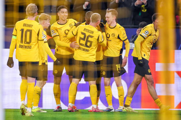 17 02 2026, Football, UEFA Champions League, Borussia Dortmund Atalanta Bergamo, BVB Stadion, Play Offs first leg, Season 2025 2026 Goal celebration after the 2-0 goal by scorer Maximilian Beier BVB 14 together with Serhou Guirassy BVB 09 Julian Brandt BVB 10 Julian Ryerson BVB 26 Felix Nmecha BVB 08 Regulations prohibit any use of photographs as image sequences and or quasi video Nordrhein Westfalen Germany