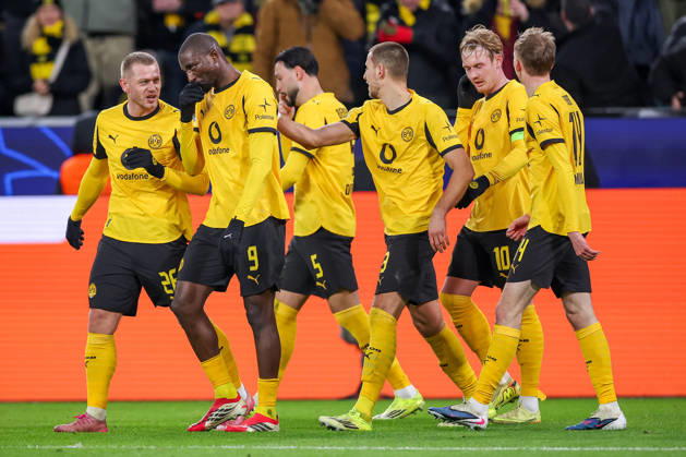 17 02 2026, Football, UEFA Champions League, Borussia Dortmund Atalanta Bergamo, BVB Stadion, Play Offs first leg, Season 2025 2026 Goal celebration after the 2-0 goal by scorer Maximilian Beier BVB 14 together with Serhou Guirassy BVB 09 Julian Ryerson BVB 26 Waldemar Anton BVB 03 Julian Brandt BVB 10 Regulations prohibit any use of photographs as image sequences and or quasi video Nordrhein Westfalen Germany