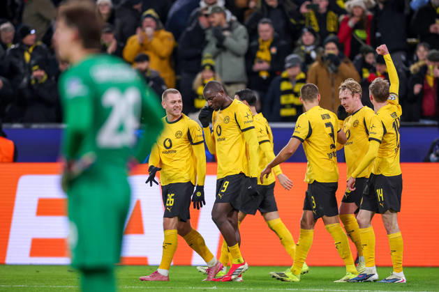 17 02 2026, Football, UEFA Champions League, Borussia Dortmund Atalanta Bergamo, BVB Stadion, Play Offs first leg, Season 2025 2026 Goal celebration after the 2-0 goal by scorer Maximilian Beier BVB 14 together with Serhou Guirassy BVB 09 Julian Ryerson BVB 26 Waldemar Anton BVB 03 Julian Brandt BVB 10 Regulations prohibit any use of photographs as image sequences and or quasi video Nordrhein Westfalen Germany