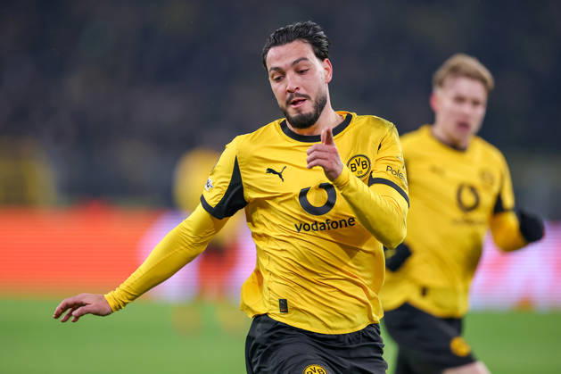 17 02 2026, Football, UEFA Champions League, Borussia Dortmund Atalanta Bergamo, BVB Stadion, Play Offs first leg, Season 2025 2026 Ramy Bensebaini BVB 05 Regulations prohibit any use of photographs as image sequences and or quasi video Nordrhein Westfalen Germany