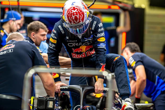 SAKHIR, BAHRAIN: Max Verstappen, racing for the Red Bull Racing team during the 2026 Formula 1 Winter Testing at the Bahrain International Circuit in Sakhir, Bahrain