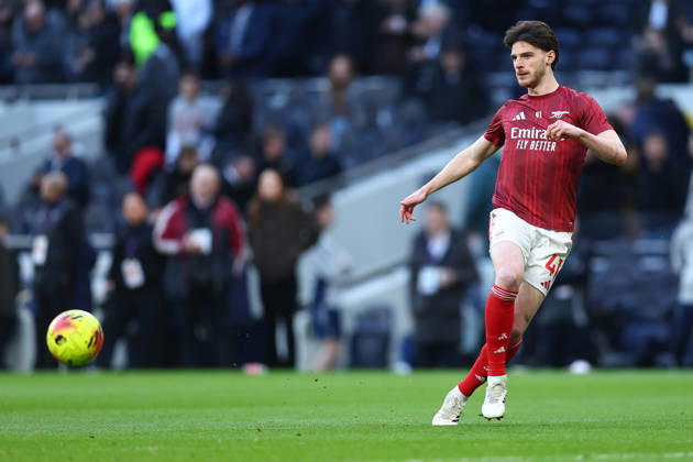London, England, 22nd February 2026. Declan Rice of Arsenal warms up before the Tottenham Hotspur vs Arsenal Premier League match at the Tottenham Hotspur Stadium, London. Picture credit should read: Paul Terry Sportimage EDITORIAL USE ONLY. No use with unauthorised audio, video, data, fixture lists, club league logos or live services. Online in-match use limited to 120 images, no video emulation. No use in betting, games or single club league player publications. SPI_012_PT_Tottenham_Arsenal SPI-4545-0012