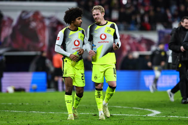 Julian Brandt Borussia Dortmund,10 and Karim Adeyemi Borussia Dortmund,27 1 Soccer Bundesliga Season 2025 2026 RB Leipzig vs Borussia Dortmund at the Red Bull Arena in Leipzig Action,Soccer,Germany,Man,Men,21 02 2026