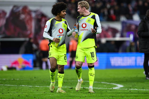 Julian Brandt Borussia Dortmund,10 and Karim Adeyemi Borussia Dortmund,27 1 Soccer Bundesliga Season 2025 2026 RB Leipzig vs Borussia Dortmund at the Red Bull Arena in Leipzig Action,Soccer,Germany,Man,Men,21 02 2026