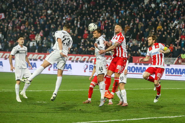 Crvena Zvezda v Partizan - Serbian SuperLiga BELGRADE, SERBIA - FEBRUARY 22: Marko Arnautovic of Crvena Zvezda in action against Stefan Milic of Partizan during the Serbian SuperLiga football match between Crvena Zvezda and Partizan at Rajko Mitic Stadium in Belgrade, Serbia on February 22, 2026. Filip Stevanovic Anadolu Belgrade Serbia. Editorial use only. Please get in touch for any other usage. Copyright: x2026xAnadoluxFilipxStevanovicx