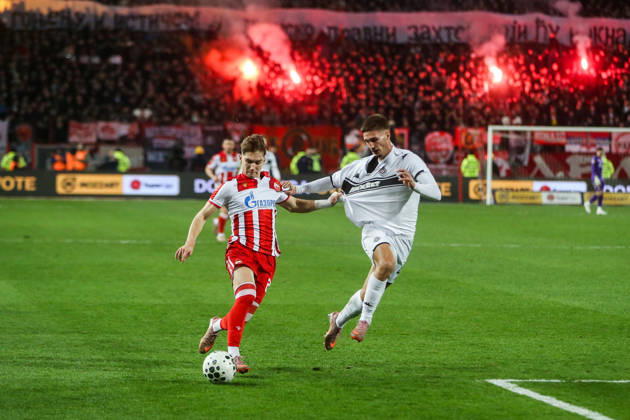 Crvena Zvezda v Partizan - Serbian SuperLiga BELGRADE, SERBIA - FEBRUARY 22: Players in action during the Serbian SuperLiga football match between Crvena Zvezda and Partizan at Rajko Mitic Stadium in Belgrade, Serbia on February 22, 2026. Filip Stevanovic Anadolu Belgrade Serbia. Editorial use only. Please get in touch for any other usage. Copyright: x2026xAnadoluxFilipxStevanovicx