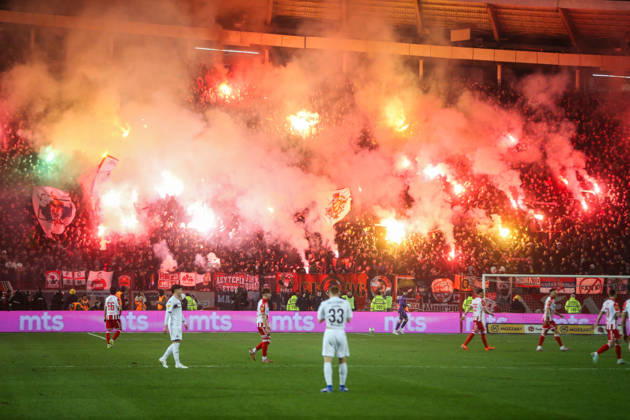 Crvena Zvezda v Partizan - Serbian SuperLiga BELGRADE, SERBIA - FEBRUARY 22: Players in action during the Serbian SuperLiga football match between Crvena Zvezda and Partizan at Rajko Mitic Stadium in Belgrade, Serbia on February 22, 2026. Filip Stevanovic Anadolu Belgrade Serbia. Editorial use only. Please get in touch for any other usage.  Copyright: x2026xAnadoluxFilipxStevanovicx