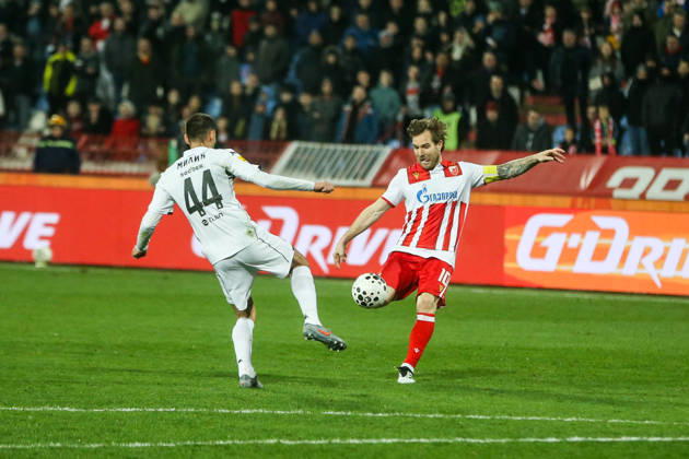 Crvena Zvezda v Partizan - Serbian SuperLiga BELGRADE, SERBIA - FEBRUARY 22: Aleksandar Katai (10) of Crvena Zvezda in action against Stefan Milic (44) of Partizan during the Serbian SuperLiga football match between Crvena Zvezda and Partizan at Rajko Mitic Stadium in Belgrade, Serbia on February 22, 2026. Filip Stevanovic Anadolu Belgrade Serbia. Editorial use only. Please get in touch for any other usage. Copyright: x2026xAnadoluxFilipxStevanovicx