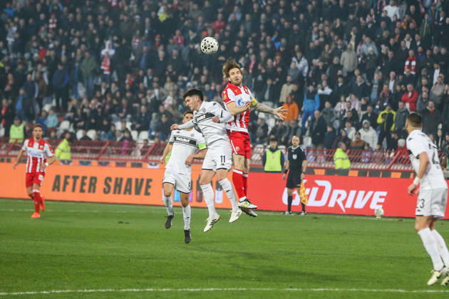 Crvena Zvezda v Partizan - Serbian SuperLiga BELGRADE, SERBIA - FEBRUARY 22: Aleksandar Katai (10) of Crvena Zvezda in action against Milan Vukotic (11) of Partizan during the Serbian SuperLiga football match between Crvena Zvezda and Partizan at Rajko Mitic Stadium in Belgrade, Serbia on February 22, 2026. Filip Stevanovic Anadolu Belgrade Serbia. Editorial use only. Please get in touch for any other usage. Copyright: x2026xAnadoluxFilipxStevanovicx