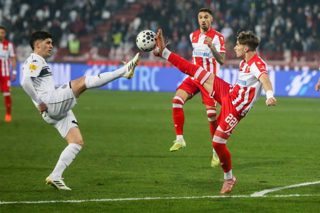 Crvena Zvezda v Partizan - Serbian SuperLiga BELGRADE, SERBIA - FEBRUARY 22: Vasilije Kostov (22) of Crvena Zvezda in action during the Serbian SuperLiga football match between Crvena Zvezda and Partizan at Rajko Mitic Stadium in Belgrade, Serbia on February 22, 2026. Filip Stevanovic Anadolu Belgrade Serbia. Editorial use only. Please get in touch for any other usage. Copyright: x2026xAnadoluxFilipxStevanovicx