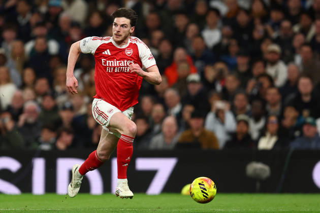 London, England, 22nd February 2026. Declan Rice of Arsenal during the Tottenham Hotspur vs Arsenal Premier League match at the Tottenham Hotspur Stadium, London. Picture credit should read: Paul Terry Sportimage EDITORIAL USE ONLY. No use with unauthorised audio, video, data, fixture lists, club league logos or live services. Online in-match use limited to 120 images, no video emulation. No use in betting, games or single club league player publications. SPI_111_PT_Tottenham_Arsenal SPI-4545-0111