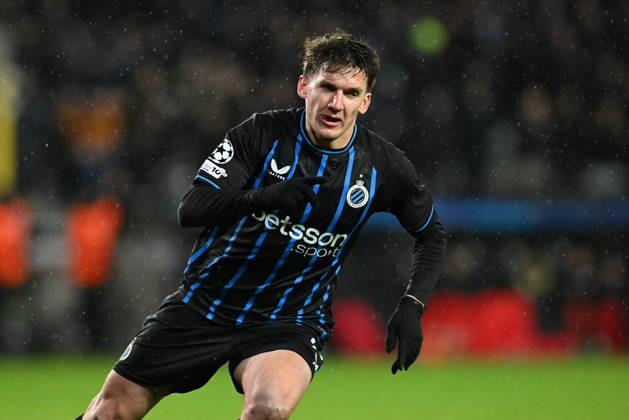 260218 Club Brugge vs Atletico Madrid Christos Tzolis (8) of Club Brugge celebrates after scoring the 3-3 equalizer goal during the Uefa Champions League Knock Out play offs first leg in season 2025 - 2026 between Club Brugge KV and Atletico de Madrid on February 18 , 2026 in Brugge, Belgium. (Photo by David Catry Isosport) Brugge Belgium Copyright: xDavidxCatryx 20260218DC2_5573