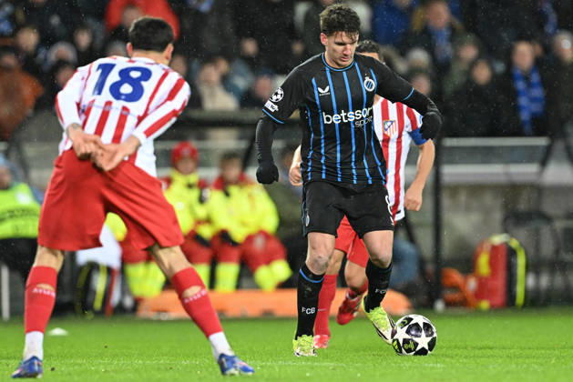 260218 Club Brugge vs Atletico Madrid Christos Tzolis (8) of Club Brugge pictured during the Uefa Champions League Knock Out play offs first leg in season 2025 - 2026 between Club Brugge KV and Atletico de Madrid on February 18 , 2026 in Brugge, Belgium. (Photo by David Catry Isosport) Brugge Belgium Copyright: xDavidxCatryx 20260218DC2_5147