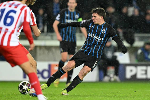 260218 Club Brugge vs Atletico Madrid Christos Tzolis (8) of Club Brugge pictured during the Uefa Champions League Knock Out play offs first leg in season 2025 - 2026 between Club Brugge KV and Atletico de Madrid on February 18 , 2026 in Brugge, Belgium. (Photo by David Catry Isosport) Brugge Belgium Copyright: xDavidxCatryx 20260218DC2_5499