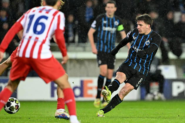 260218 Club Brugge vs Atletico Madrid Christos Tzolis (8) of Club Brugge pictured during the Uefa Champions League Knock Out play offs first leg in season 2025 - 2026 between Club Brugge KV and Atletico de Madrid on February 18 , 2026 in Brugge, Belgium. (Photo by David Catry Isosport) Brugge Belgium Copyright: xDavidxCatryx 20260218DC2_5500