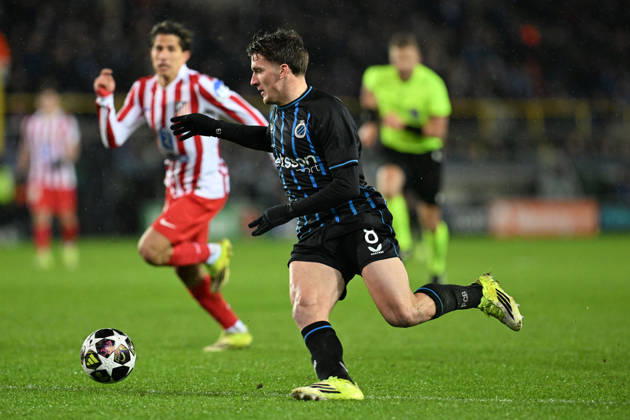 260218 Club Brugge vs Atletico Madrid Christos Tzolis (8) of Club Brugge pictured during the Uefa Champions League Knock Out play offs first leg in season 2025 - 2026 between Club Brugge KV and Atletico de Madrid on February 18 , 2026 in Brugge, Belgium. (Photo by David Catry Isosport) Brugge Belgium Copyright: xDavidxCatryx 20260218DC2_5534