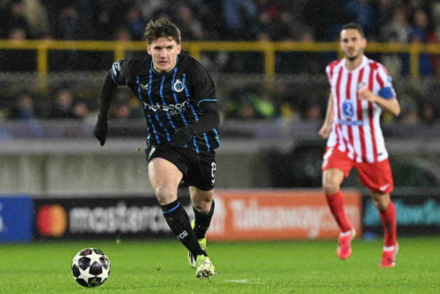 260218 Club Brugge vs Atletico Madrid Christos Tzolis (8) of Club Brugge pictured during the Uefa Champions League Knock Out play offs first leg in season 2025 - 2026 between Club Brugge KV and Atletico de Madrid on February 18 , 2026 in Brugge, Belgium. (Photo by David Catry Isosport) Brugge Belgium Copyright: xDavidxCatryx 20260218DC2_4587