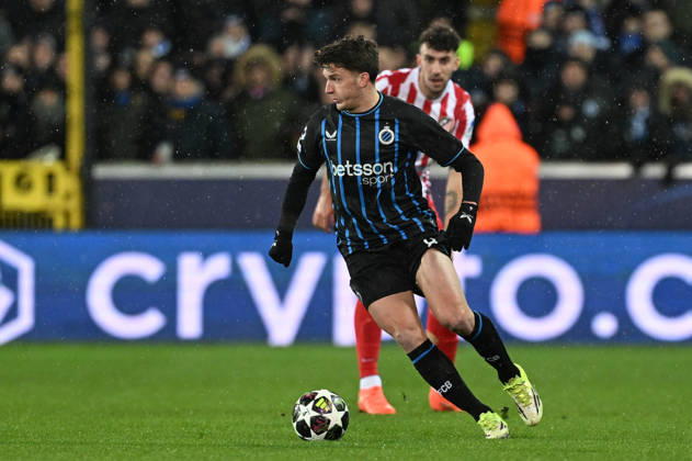 260218 Club Brugge vs Atletico Madrid Christos Tzolis (8) of Club Brugge pictured during the Uefa Champions League Knock Out play offs first leg in season 2025 - 2026 between Club Brugge KV and Atletico de Madrid on February 18 , 2026 in Brugge, Belgium. (Photo by David Catry Isosport) Brugge Belgium Copyright: xDavidxCatryx 20260218DC2_2577