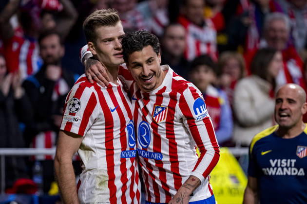 Atletico de Madrid v Club Brugge KV - UEFA Champions League 2025 26 League Knockout Play-off Second Leg Alexander Sorloth of Atletico de Madrid (L) celebrates his goal with Jose Maria Gimenez of Atletico de Madrid (R) during the UEFA Champions League 2025 26 League Knockout Play-off Second Leg match between Atletico de Madrid and Club Brugge KV at Estadio Riyadh Air Metropolitano on February 24, 2026 in Madrid, Spain. Madrid Estadio Riyadh Air Metropolitano Madrid Spain Copyright: xAlbertoxGardinx AGardin_20260224_Foot_Champ_Atl_Mad_Bru_1081