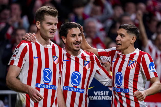 Atletico de Madrid v Club Brugge KV - UEFA Champions League 2025 26 League Knockout Play-off Second Leg Alexander Sorloth of Atletico de Madrid (L) celebrates his goal with Jose Maria Gimenez (C) and Nahuel Molina (R) of Atletico de Madrid during the UEFA Champions League 2025 26 League Knockout Play-off Second Leg match between Atletico de Madrid and Club Brugge KV at Estadio Riyadh Air Metropolitano on February 24, 2026 in Madrid, Spain. Madrid Estadio Riyadh Air Metropolitano Madrid Spain Copyright: xAlbertoxGardinx AGardin_20260224_Foot_Champ_Atl_Mad_Bru_1082