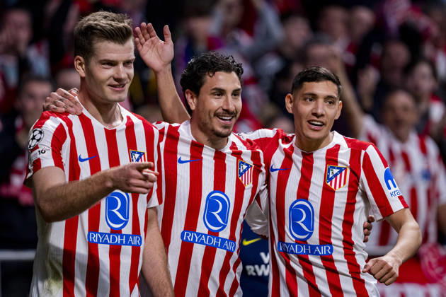 Atletico de Madrid v Club Brugge KV - UEFA Champions League 2025 26 League Knockout Play-off Second Leg Alexander Sorloth of Atletico de Madrid (L) celebrates his goal with Jose Maria Gimenez (C) and Nahuel Molina (R) of Atletico de Madrid during the UEFA Champions League 2025 26 League Knockout Play-off Second Leg match between Atletico de Madrid and Club Brugge KV at Estadio Riyadh Air Metropolitano on February 24, 2026 in Madrid, Spain. Madrid Estadio Riyadh Air Metropolitano Madrid Spain Copyright: xAlbertoxGardinx AGardin_20260224_Foot_Champ_Atl_Mad_Bru_1083