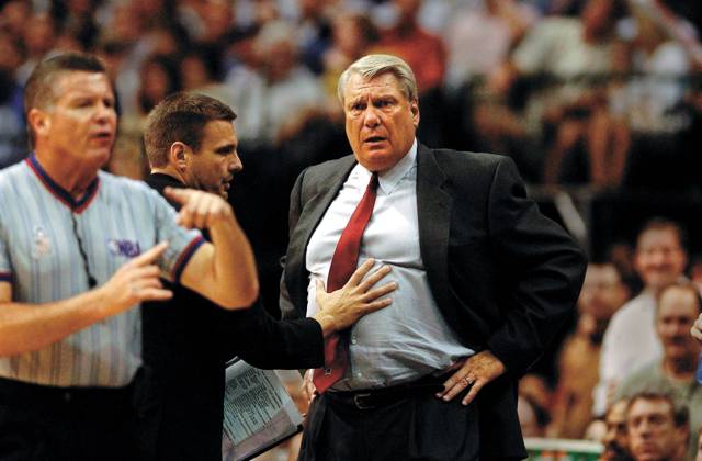 Mavericks coach Don Nelson, who is being restrained by his son Donnie, can t beleive the refs technical foul on him in the first quarter Thursday night, May 9, 2002, in game three of the Western Conference Semifinals at the American Airlines Center in Dallas, Texas. Sacramento Bee photograph by Jose Luis Villegas ZUMA Press Sacramento California U.S. Copyright: xJosexLuisxVillegasx