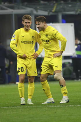 FC Internazionale Milano v FK Bodo Glimt - UEFA Champions League 2025 26 League Knockout Play-off Second Leg Fredrik Sjovold and Fredrik Bjorkan celebrate the victory during the UEFA Champions League 2025 26 League Knockout Play-off Second Leg match between FC Internazionale Milano and FK Bodo Glimt at Giuseppe Meazza stadium in Milano, Italy, on February 24, 2026. Milano Italy Copyright: xMairoxCinquettix originalFilename:cinquetti-fcintern260224_npeM1