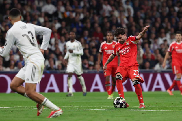 Madrid, Spain February 25, 2026 FBL UEFA Champions League 2025 26 Real Madrid SL Benfica Rafa S L Benfica kicks the ball against the crossbar during the UEFA Champions League 2025 26 knockout play offs match between Real Madrid and SL Benfica at the Santiago Bernabà u Stadium on February 25, 2026 in Madrid, Spain Copyright: JoaquimxFerreira