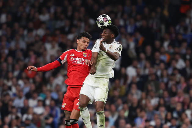 Madrid, Spain February 25, 2026 FBL UEFA Champions League 2025 26 Real Madrid SL Benfica Richard Rios S L Benfica , Aurelien Tchouameni Real Madrid battles for the Ball during the UEFA Champions League 2025 26 knockout play offs match between Real Madrid and SL Benfica at the Santiago Bernabà u Stadium on February 25, 2026 in Madrid, Spain Copyright: JoaquimxFerreira
