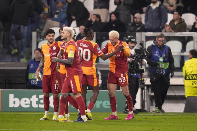 Galatasaray s Baris Yilmaz celebrates after scoring the 3-2 goal for his team during the Uefa Champions League soccer match between Juventus and Galatasaray at the Allianz Stadium in Turin, playoff 2 2, north west Italy - January 25, 2026. - Soccer Copyright: xFabioxFerrari LaPressex