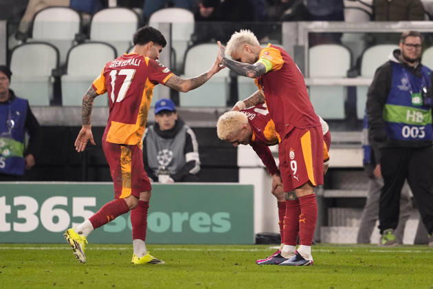 Galatasaray s Baris Yilmaz celebrates after scoring the 3-2 goal for his team during the Uefa Champions League soccer match between Juventus and Galatasaray at the Allianz Stadium in Turin, playoff 2 2, north west Italy - January 25, 2026. - Soccer Copyright: xFabioxFerrari LaPressex