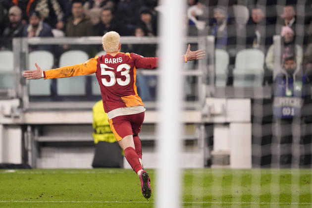 Galatasaray s Baris Yilmaz celebrates after scoring the 3-2 goal for his team during the Uefa Champions League soccer match between Juventus and Galatasaray at the Allianz Stadium in Turin, playoff 2 2, north west Italy - January 25, 2026. - Soccer Copyright: xFabioxFerrari LaPressex