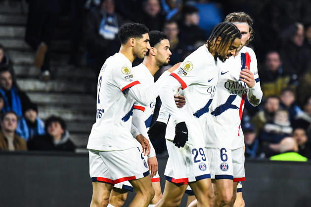 FOOTBALL : AC Le Havre vs Paris SG - Ligue 1 McDonald s - JournÃ e 24 - 28 02 2026 Joie des joueurs du Paris SG aprÃ s le but de Bradley Barcola (Paris SG) Le HavreFrance  Copyright: xBaptistexAutissierx
