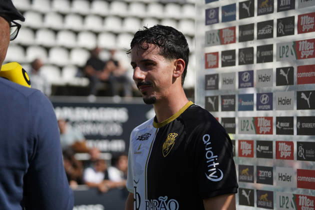 Liga Portugal 2 Meu Super Round 24 football match between SC Farense and Lusitania Lourosa FC, Faro, Portugal Faro, Portugal. 1 st Mar, 2026. Andre Candeias, SC Farense player that scored the winning goal, at the flash interview in the end of the SC Farense 2 - 1 Lusitano Lourosa FC Round 24 match for the football Liga Portugal 2 Meu Super. Nuno Pires Veloso Alamy Live News Copyright: xNunoxPiresxVelosox