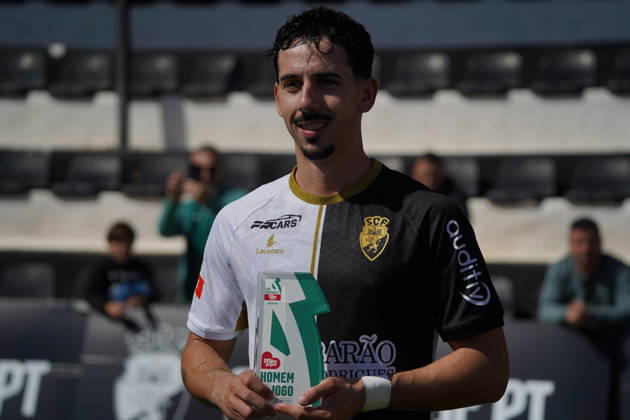 Liga Portugal 2 Meu Super Round 24 football match between SC Farense and Lusitania Lourosa FC, Faro, Portugal Faro, Portugal. 1 st Mar, 2026. Andre Candeias, SC Farense player that scored the winning goal, awarded the man of the match in the end of the SC Farense 2 - 1 Lusitano Lourosa FC Round 24 match for the football Liga Portugal 2 Meu Super. Nuno Pires Veloso Alamy Live News Copyright: xNunoxPiresxVelosox