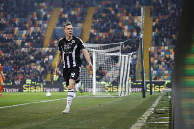 Udinese s Adam Buksa celebrates after scoring a goal during the Italian Serie A Enilive match between Udinese Calcio vs ACF Fiorentina at the Bluenergy Stadium in Udinese, Italy, 02 March 2026. Copyright: xMattiaxRadoni IPAxSportx xipa-agency.netx xx IPA_72308333 IPA_Agency_IPA72308333