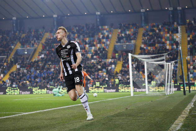Udinese s Adam Buksa celebrates after scoring a goal during the Italian Serie A Enilive match between Udinese Calcio vs ACF Fiorentina at the Bluenergy Stadium in Udinese, Italy, 02 March 2026. Copyright: xMattiaxRadoni IPAxSportx xipa-agency.netx xx IPA_72308335 IPA_Agency_IPA72308335