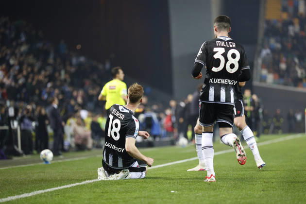 Udinese s Adam Buksa celebrates after scoring a goal during the Italian Serie A Enilive match between Udinese Calcio vs ACF Fiorentina at the Bluenergy Stadium in Udinese, Italy, 02 March 2026. Copyright: xMattiaxRadoni IPAxSportx xipa-agency.netx xx IPA_72308337 IPA_Agency_IPA72308337