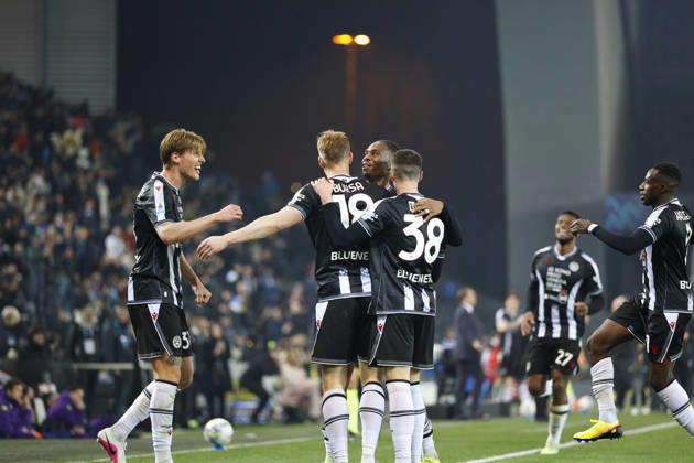 Udinese s Adam Buksa celebrates after scoring a goal during the Italian Serie A Enilive match between Udinese Calcio vs ACF Fiorentina at the Bluenergy Stadium in Udinese, Italy, 02 March 2026. Copyright: xMattiaxRadoni IPAxSportx xipa-agency.netx xx IPA_72308339 IPA_Agency_IPA72308339