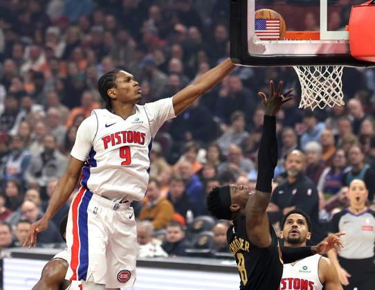 Detroit Piston s Ausar Thompson (9) blocks the shot of Cleveland Cavalier s Dennis Schroder (8) during the fourth quarter in Cleveland, Ohio Tuesday March 3, 2026. The Cavaliers defeated the Pistons 113-109. CLE20260303116 AARONxJOSEFCZYK