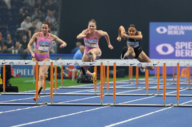 BERLIN, GERMANY - MARCH 6: From the left: Rosina SCHNEIDER (GER), 60m Hurdles Women, Pia SKRZYSZOWSKA (POL), 60m Hurdles Women, Polish recorder¯100-metre hurdles, Ditaji KAMBUNDJI (SUI), 60m Hurdles Women, 100-metre hurdles world champion, during the ISTAF Indoor Berlin at Uber Arena Berlin, March 6, 2026 in Berlin, Germany. Berlin Germany Copyright: xO.Frankex