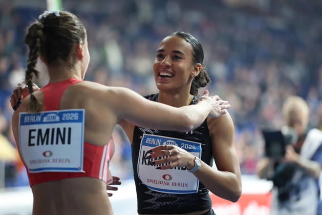 BERLIN, GERMANY - MARCH 6: Ditaji KAMBUNDJI (SUI), 60m Hurdles Women, 100-metre hurdles world champion and Milica EMINI (SRB), 60m Hurdles Women, during the ISTAF Indoor Berlin at Uber Arena Berlin, March 6, 2026 in Berlin, Germany. Berlin Germany Copyright: xO.Frankex