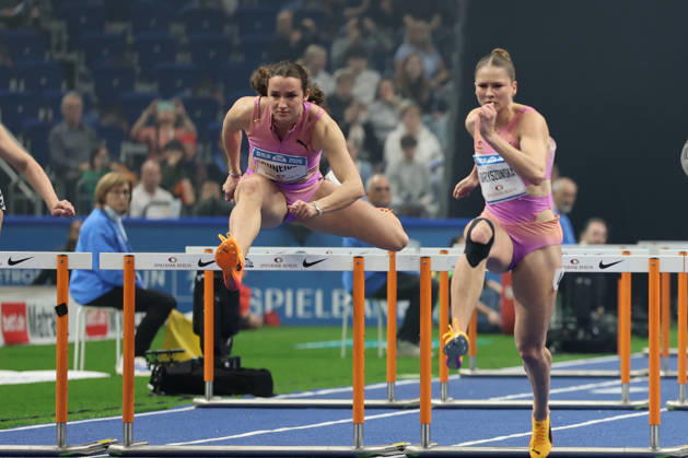BERLIN, GERMANY - MARCH 6: from the left: Rosina SCHNEIDER (GER), 60m Hurdles Women, Pia SKRZYSZOWSKA (POL), 60m Hurdles Women, Polish recorder¯100-metre hurdles, during the ISTAF Indoor Berlin at Uber Arena Berlin, March 6, 2026 in Berlin, Germany. Berlin Germany Copyright: xO.Frankex