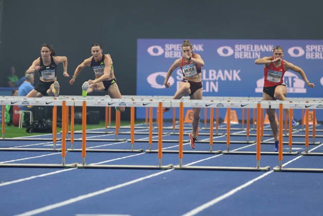 BERLIN, GERMANY - MARCH 6: from left: Ricarda LOBE (GER), 60m Hurdles Women, Nadine VISSER (NED), 60m Hurdles Women, Two-time European champion 100-metre hurdles, Marlene MEIER (GER), 60m Hurdles Women, Franziska SCHUSTER (GER), 60m Hurdles Women, during the ISTAF Indoor Berlin at Uber Arena Berlin, March 6, 2026 in Berlin, Germany. Berlin Germany Copyright: xO.Frankex