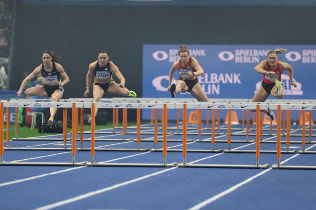 BERLIN, GERMANY - MARCH 6: from left: Ricarda LOBE (GER), 60m Hurdles Women, Nadine VISSER (NED), 60m Hurdles Women, Two-time European champion 100-metre hurdles, Marlene MEIER (GER), 60m Hurdles Women, Franziska SCHUSTER (GER), 60m Hurdles Women, during the ISTAF Indoor Berlin at Uber Arena Berlin, March 6, 2026 in Berlin, Germany. Berlin Germany Copyright: xO.Frankex