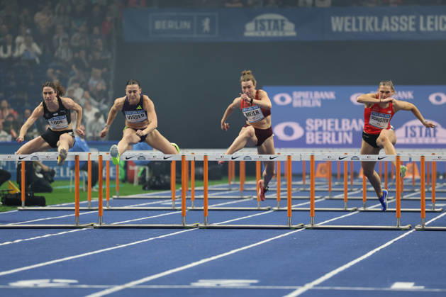 BERLIN, GERMANY - MARCH 6: from left: Ricarda LOBE (GER), 60m Hurdles Women, Nadine VISSER (NED), 60m Hurdles Women, Two-time European champion 100-metre hurdles, Marlene MEIER (GER), 60m Hurdles Women, Franziska SCHUSTER (GER), 60m Hurdles Women, during the ISTAF Indoor Berlin at Uber Arena Berlin, March 6, 2026 in Berlin, Germany. Berlin Germany Copyright: xO.Frankex