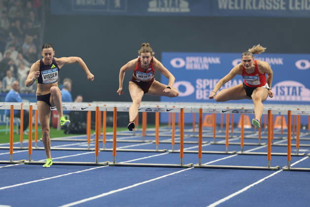 BERLIN, GERMANY - MARCH 6: Nadine VISSER (NED), 60m Hurdles Women, Two-time European champion 100-metre hurdles, Marlene MEIER (GER), 60m Hurdles Women, Franziska SCHUSTER (GER), 60m Hurdles Women, during the ISTAF Indoor Berlin at Uber Arena Berlin, March 6, 2026 in Berlin, Germany. Berlin Germany Copyright: xO.Frankex
