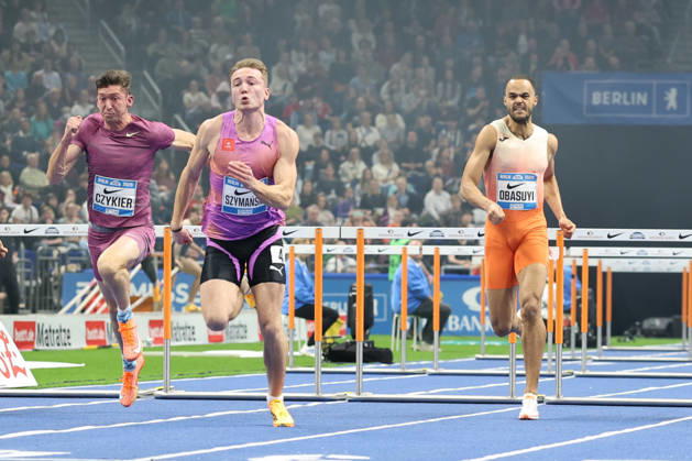 BERLIN, GERMANY - MARCH 6: Damian CZYKIER (POL), 60m Hurdles Men, Jakub SZYMAŃSKI (POL), 60m Hurdles Men, Michael OBASUYI (BEL), 60m Hurdles Men, during the ISTAF Indoor Berlin at Uber Arena Berlin, March 6, 2026 in Berlin, Germany. Berlin Germany Copyright: xO.Frankex
